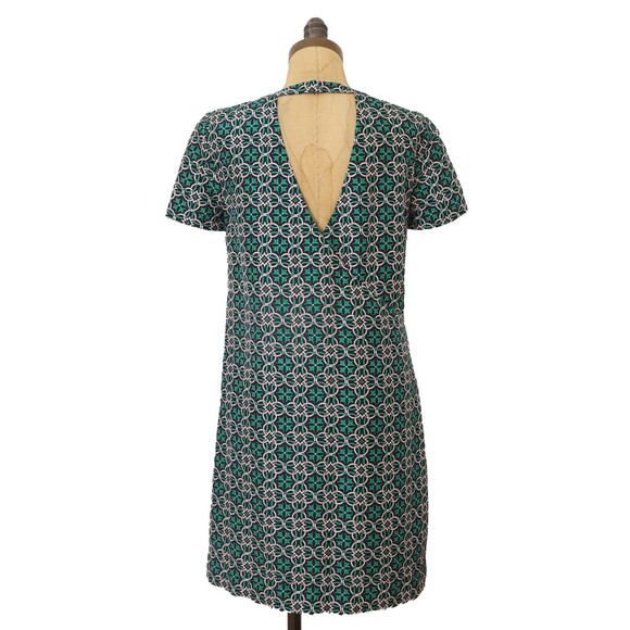 J Crew Medallion Swoop Printed Dress 00 0 2 XS Green Floral Latticework EUC B88 - Picture 3 of 5